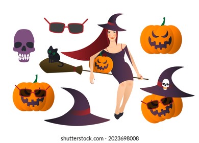 Halloween clip art set isolated on white background. Witch on broomstick and pumpkins.