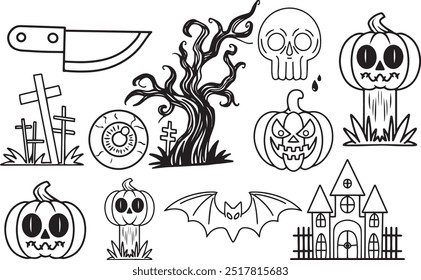 Halloween clip art witch icon set black and white knife drawing eye ball outline magic book illustration bat wings contour castle silhouette jack pumpkin sign grave tree spooky design elements stars