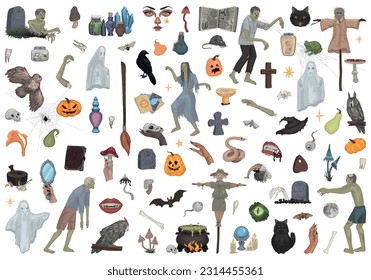 Halloween clip arts collection. Zombies, witchcraft, spooky animals, ghosts, occult items. Colored vector illustration in cartoon style. Spooky doodles isolated on white background.