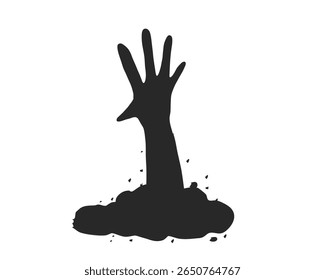 Halloween clipart with black silhouette of a hand rising from the ground. Spooky and scary. Creepy hand silhouette