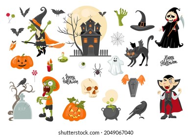 Halloween clipart collection, cartoon style. Vector stock illustration. Isolated on a white background.