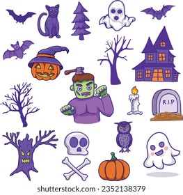 Halloween clipart collection with hand drawn elements. Bat, cat, candle, witch, ghosts, haunted house and wreath