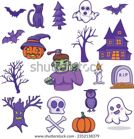 Halloween clipart collection with hand drawn elements. Bat, cat, candle, witch, ghosts, haunted house and wreath Foto stock © 