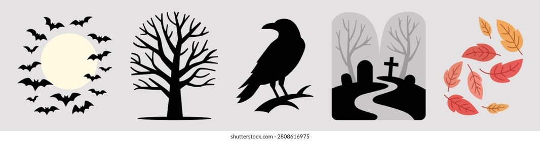 Halloween Clipart Collection Vector Featuring Bats, Full Moon, Bare Tree, Raven, Graveyard and Autumn Leaves