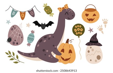 Halloween clipart. Cute Halloween dinosaur clipart in cartoon flat style. Kids Halloween doodle. Hand drawn vector illustration.