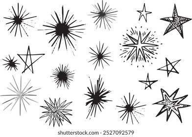 Halloween Clipart doodle shine star ink minimalism Set simple hand drawing object design element sea urchin cartoon explosion symbol. Abstract icon for decoration New Year flash bang bengal fire brush