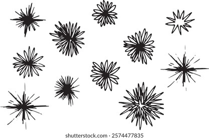 Halloween Clipart doodle shine star ink minimalism Set simple hand drawing object design element cartoon comic explosion symbol. Abstract icon for decoration New Year flash bang bengal fire brush