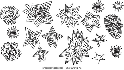 Halloween Clipart doodle shine star ink minimalism Set simple hand drawing object design element cartoon comic explosion symbol. Abstract icon for decoration New Year flash bang bengal fire brush