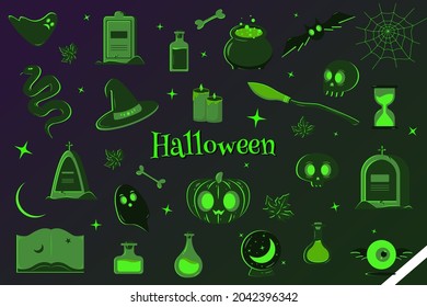 halloween clipart, halloween elements, skull, broom, cauldron, spider web. vector illustration. eps 8