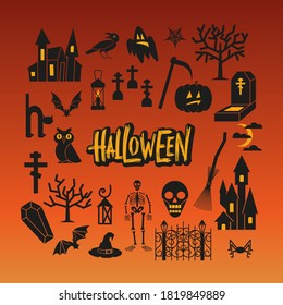 Halloween clipart with flat pictures and handdrown lettering on orange background. Vector Illustration