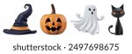 Halloween clipart with ghost, pumpkin, black cat and witch hat. Vector cartoon cute characters with scary smile and boo expression. Fall party cosplay costume sticker set. Magic creature png render