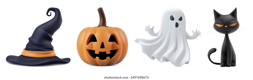 Clipart de Halloween con fantasma, calabaza, gato negro y sombrero de bruja. Personajes lindos de dibujos animados de Vector con sonrisa aterradora y expresión de abucheo. Conjunto de pegatinas de disfraces de cosplay de fiesta de otoño. Criatura mágica png render