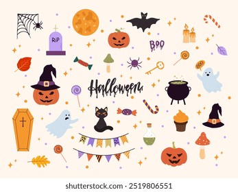 Clipart de Halloween, ilustrações e conjunto de elementos de design.