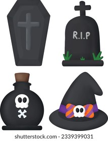 Halloween clipart kawaii style with black spooky dark theme, tomb graveyard, poison, witch hat