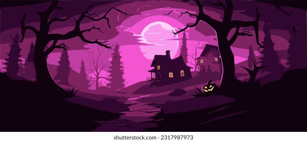 Halloween clipart on purple background, realistic landscapes with soft edges, stark contrast of light and shadow