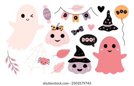 Halloween clipart. Pink Halloween clipart in cartoon flat style. Cute girly Halloween doodle. Hand drawn vector illustration.