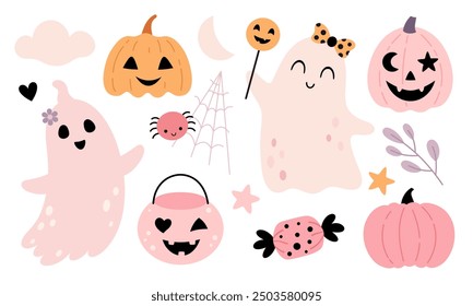 Halloween-Clipart. Rosa Halloween Clipart im Cartoon Flat Style. Süß mädchenhaft Halloween doodle. Handgezeichnete Vektorgrafik.