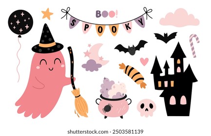 Halloween clipart. Pink Halloween clipart in cartoon flat style. Cute girly Halloween doodle. Hand drawn vector illustration.