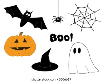 Halloween clip-art with pumpkin, bat, spider,  web, hat and ghost.