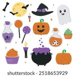 Halloween Clipart with Pumpkin, Candy, Potion, Cauldron, and Ghost
