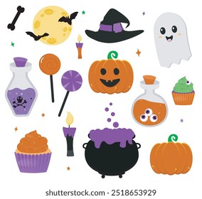 Halloween Clipart with Pumpkin, Candy, Potion, Cauldron, and Ghost
