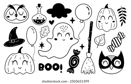 Clipart de Halloween. Calabaza de Halloween, Clipart fantasma en estilo plano de dibujos animados. Garabato de Halloween en blanco y negro. Ilustración vectorial dibujada a mano.