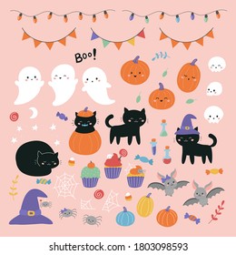 Halloween clipart set with cartoon characters: ghosts, cats, skulls, pumpkin and bats. Hand drawn doodle candies and cupcakes. Halloween vector design elements for children.