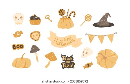 Halloween clipart set. Cookies, treats, party decor, ribbon with lettering, flags, cauldron with sweets, lollipops, isolated pumkins, magic mushrooms, witch hat, skull, key. Vector stickers collection