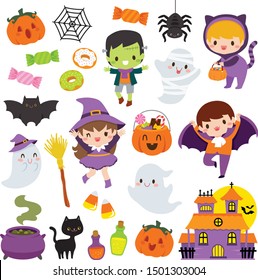 Halloween Clipart Set With Cute Cartoon Characters Of Children, Pumpkins And Other Holiday Symbols