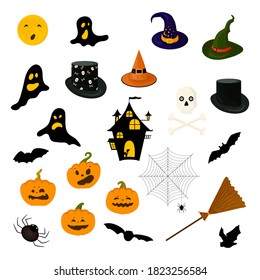 Halloween clipart set with cute cartoon holiday symbols isolated on white background. Vector illustrations