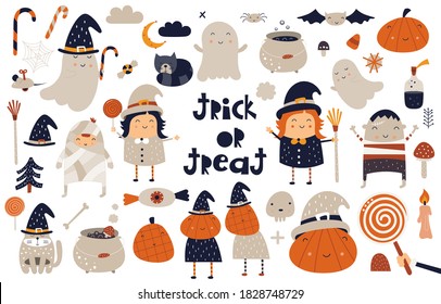 Halloween clipart set. Cute cartoon characters, icons and traditional Halloween symbols. Pumpkins, ghost, winch, cat, mummy, bat, witches cauldron. Vector illustration. Isolated on white background.