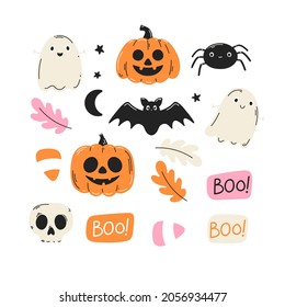 Halloween clipart set with cute cartoon characters. Perfect for decoration, greeting cards, events, flyers and posters. Vector illustration.