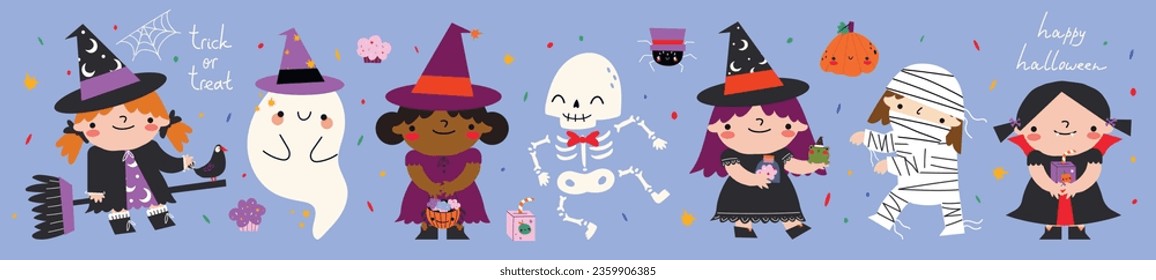 Halloween Clip-Set mit süßen Cartoon-Figuren von Kindern, Geist, Skelett, Hexe, Kürbis und anderen Feiertagssymbolen