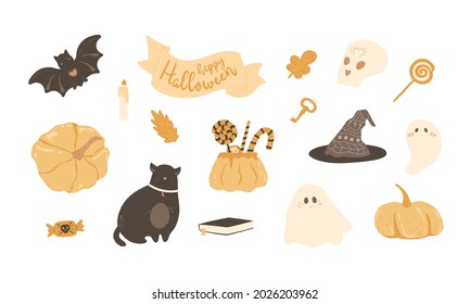 Halloween clipart set. Cute cat, bat, funny ghosts, treats, party decor, cauldron with sweets, lollipops, isolated pumkins, witch hat, skull, key, candle, witchcraft book, fall leaves. Vector stickers