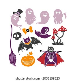 Halloween clipart set. Doodle style. Spooky Halloween characters: vampire, witch hat, ghosts, skull, pumpkin. Vector illustration on isolated background. For holiday invitations, print and web