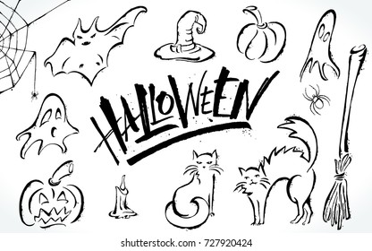 Halloween clipart set. Hand drawn pictures, vector illustration. Template for banners, posters, merchandising, cards or photo overlays.
