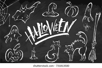 Halloween clipart set on blackboard background. Hand drawn pictures, vector illustration. Template for banners, posters, merchandising, cards or photo overlays.
