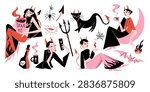 Halloween clipart set with spooky devil girls, black cat, pitchfork, potion and gothic aesthetic elements for spooky season. Flat vector illustration