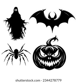 Halloween clipart. Spider, bat, reepy Jack O Lantern pumpkin and ghost black silhouette. Vector illustrations for Halloween decor.