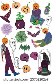 Halloween Clipart. Vector, cute colorful spooky illustrations. Pumpkin head, bat, potion, poison, skull, spider web, crow, ghost