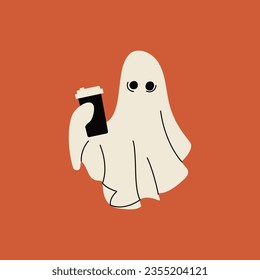 Halloween cloth ghost. Cute spooky monster character, cartoon trick or treat scary face evil silhouette. Vector illustration