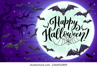 Halloween cloud of flying bats, horror night holiday vector background with midnight moon. Happy Halloween greeting card with creepy vampire bats and spiderweb or cobweb background