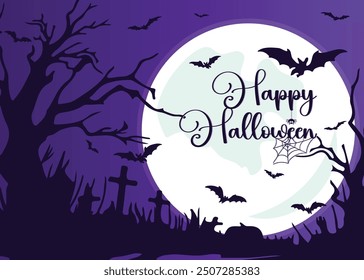 Nube de Halloween de murciélagos voladores, fondo de Vector de vacaciones de noche de terror con luna de medianoche. Tarjeta de felicitación feliz de Halloween con los murciélagos espeluznantes del vampiro y el fondo de la telaraña o de la telaraña