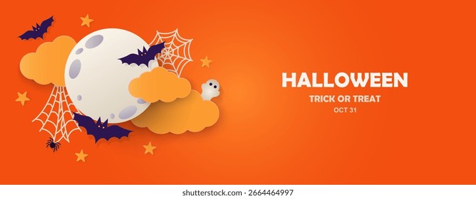 Halloween, clouds, Full moon, spider, bats flying, ghost, paper cut style, orange background