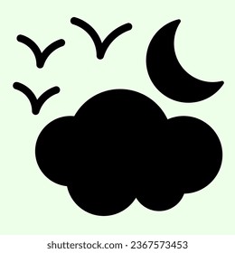 Halloween cloudy night solid icon. Scary half moon with clouds and birds glyph style pictogram on white background. Witchcraft and magic signs for mobile concept and web design. Vector graphics