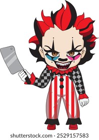 Halloween clown holding cleaver knife with creepy smile