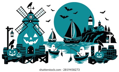 Halloween coastal scene with a jackolantern windmill, ghosts fishing in boats, a lighthouse, and bats against a full moon