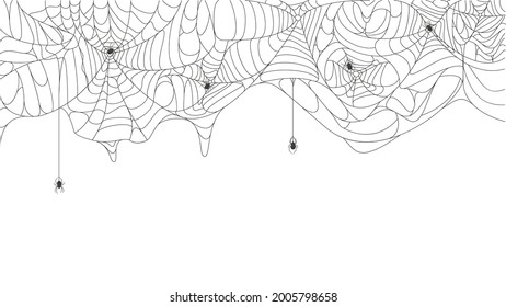 Halloween cobweb background. Spooky halloween torn hanging spider web with black spiders vector background illustration. Scary spider web silhouette. Halloween spider hang and weave net