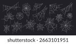 Halloween cobweb set. Isolated hand drawn white spiderweb bundle on black for spooky and gothic designs. Perfect decoration for web, print, and party themes. Vector line art elements.