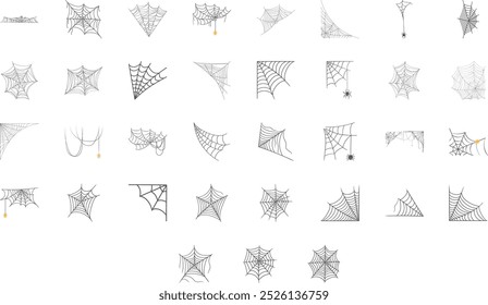 Halloween Cobweb e Spider Web Bundle. Uma coleção completa de 45 teias de aranha e teias de aranha meticulosamente projetadas, perfeitas para decorações de Halloween.